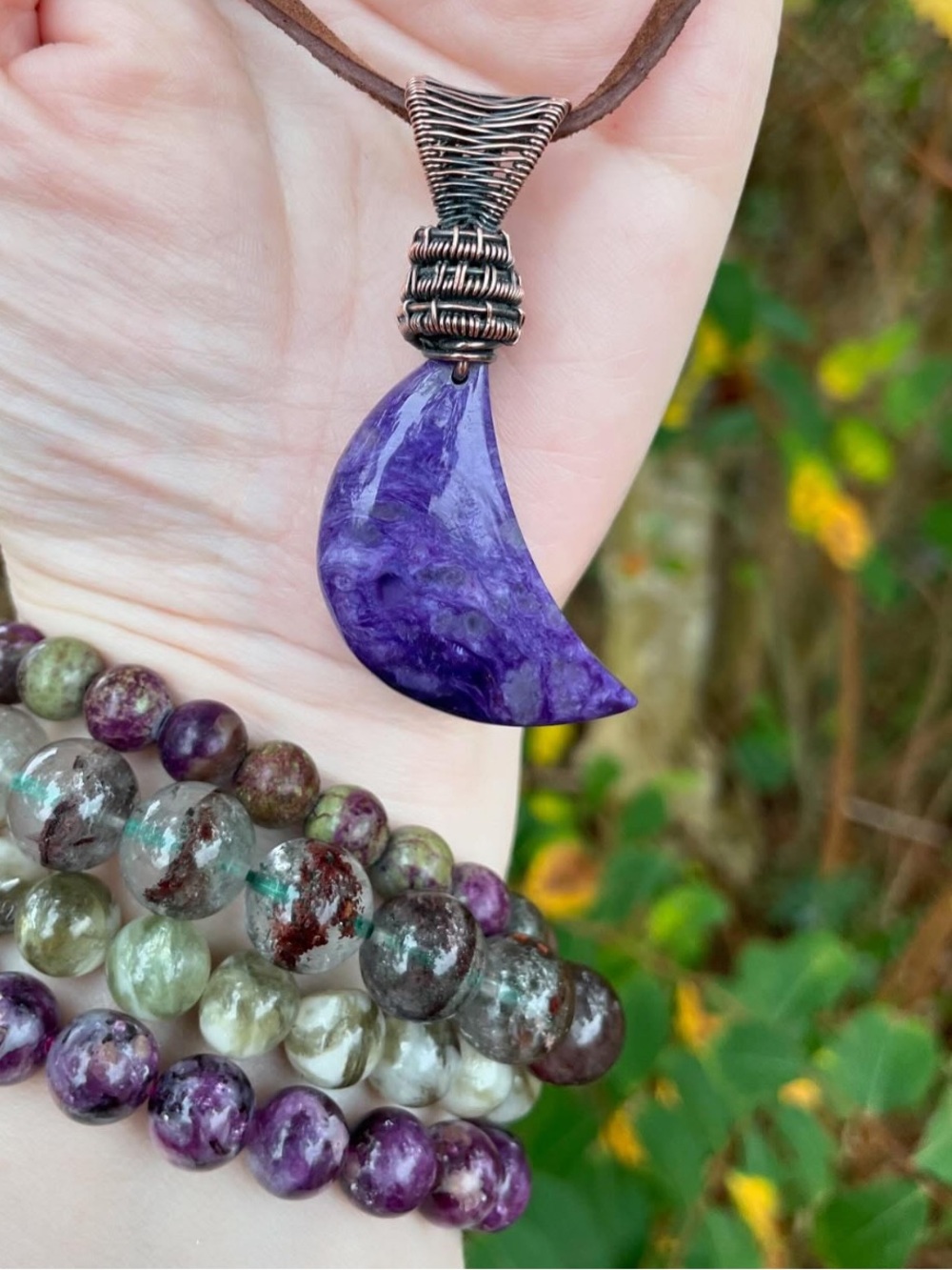 Hand crafted Charoite Moon Pendant